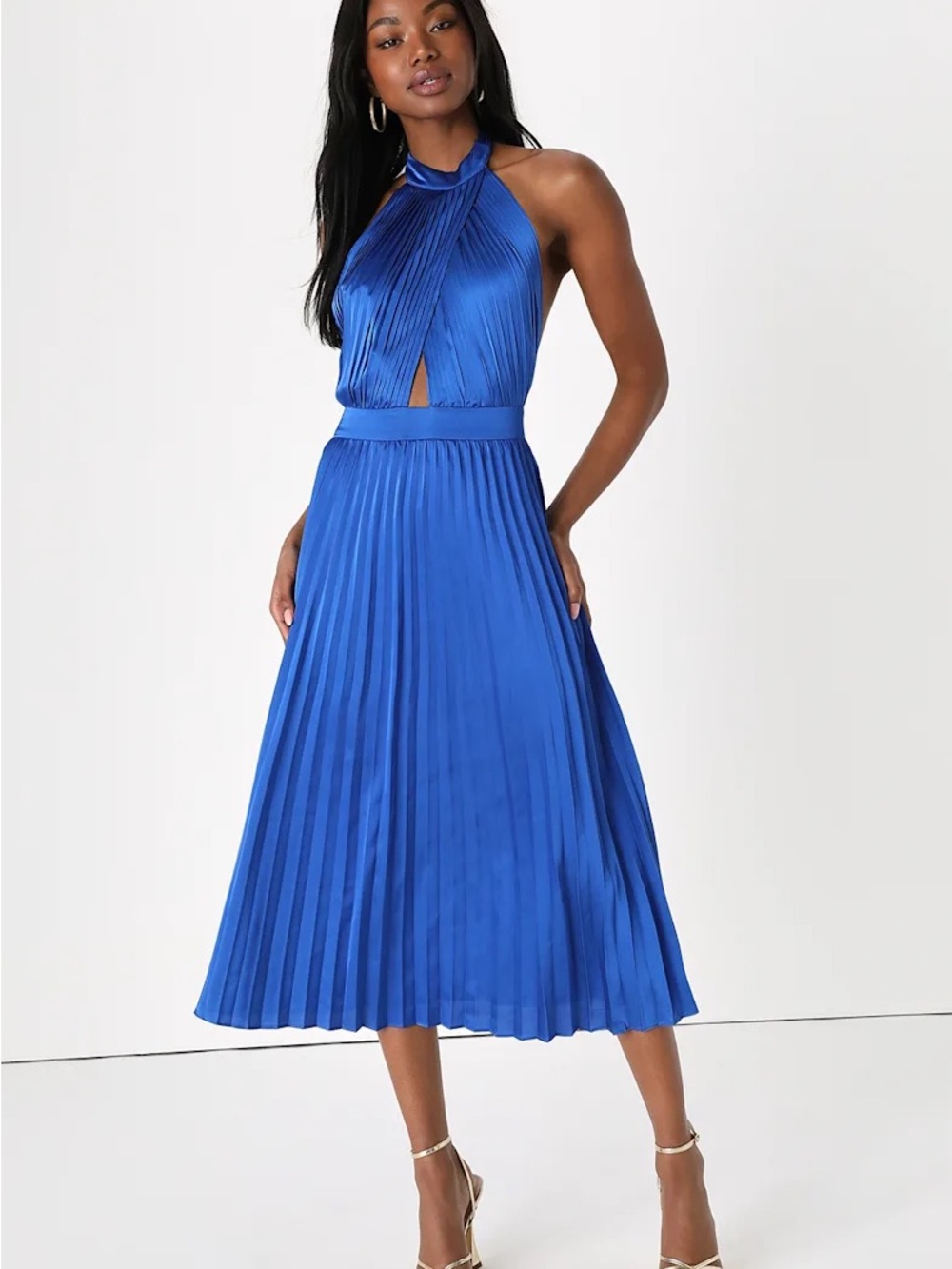 Lulu's Cobalt Halter Pleated Midi Dress